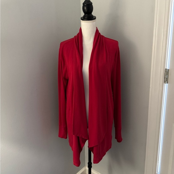 Athleta cardigan red size medium.  Waterfall front, pockets and thumb hole. - Picture 1 of 12